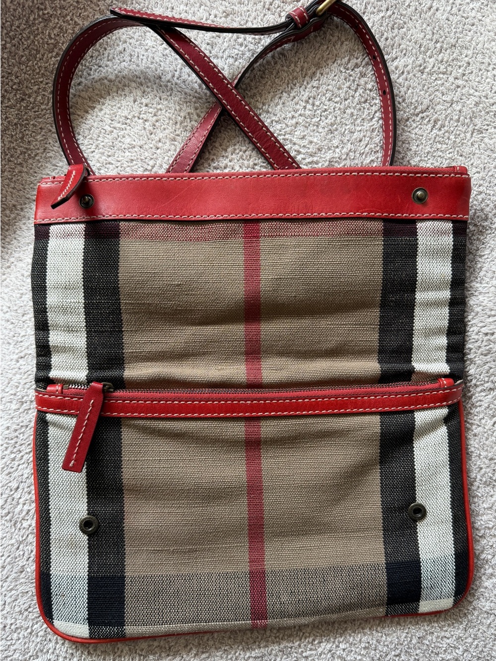 Burberry House Check Jute Clutch Crossbody Red Leather Trim - Picture 5 of 13
